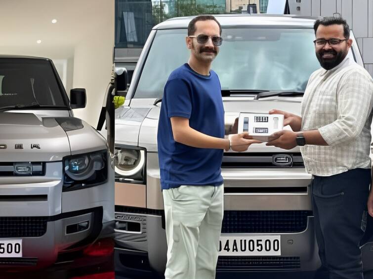 Malayalam actor Fahadh Faasil takes delivery of a Land Rover Defender 90 New pictures Fahadh Faasil Car :ரூ.2.70 கோடிக்கு சொகுசு கார் வாங்கிய பகத் பாசில்... கேரளத்திலேயே இவர் தான் முதல் முறையா வாங்கி இருக்காராம்....