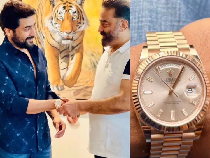 விக்ரம் படத்தில் ரோலக்ஸ் கதாபாத்திரத்தில் நடித்த சூர்யாவிற்கு ரோலக்ஸ் வாட்சை பரிசாக அளித்தார் கமல்ஹாசன்.