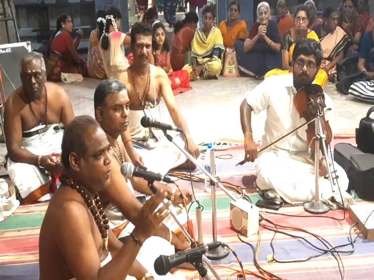 Mayiladuthurai mayuranather temple Kumbabishegam festival aganda parayanam TNN மயிலாடுதுறை மாயூரநாதர் கோயில் 82 மணி நேரம் அகண்ட பாராயண ஓதும் ஓதுவா மூர்த்திகள்