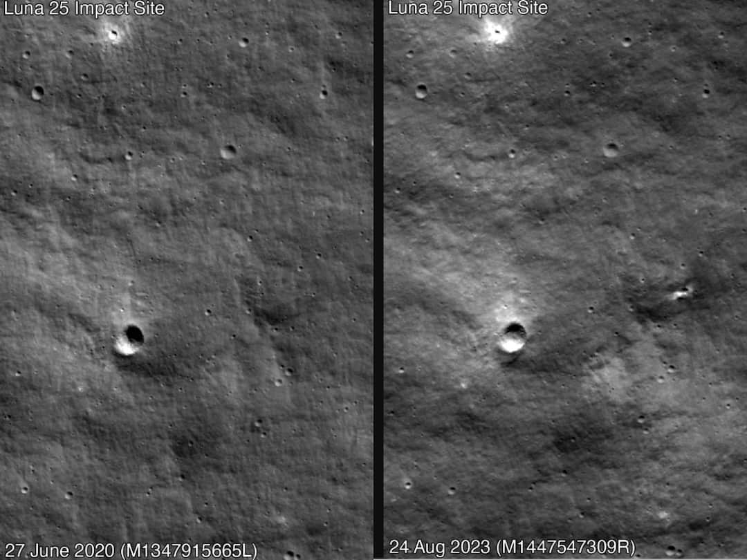 Luna 25’s Impact Site, Captured By NASA Lunar Reconnaissance Orbiter. See ‘Before’ And ‘After’ PICS Luna 25 Impact Site Crater Captured NASA Lunar Reconnaissance Orbiter See Before After PICS Luna 25’s Impact Site, Captured By NASA Lunar Reconnaissance Orbiter. See ‘Before’ And ‘After’ PICS