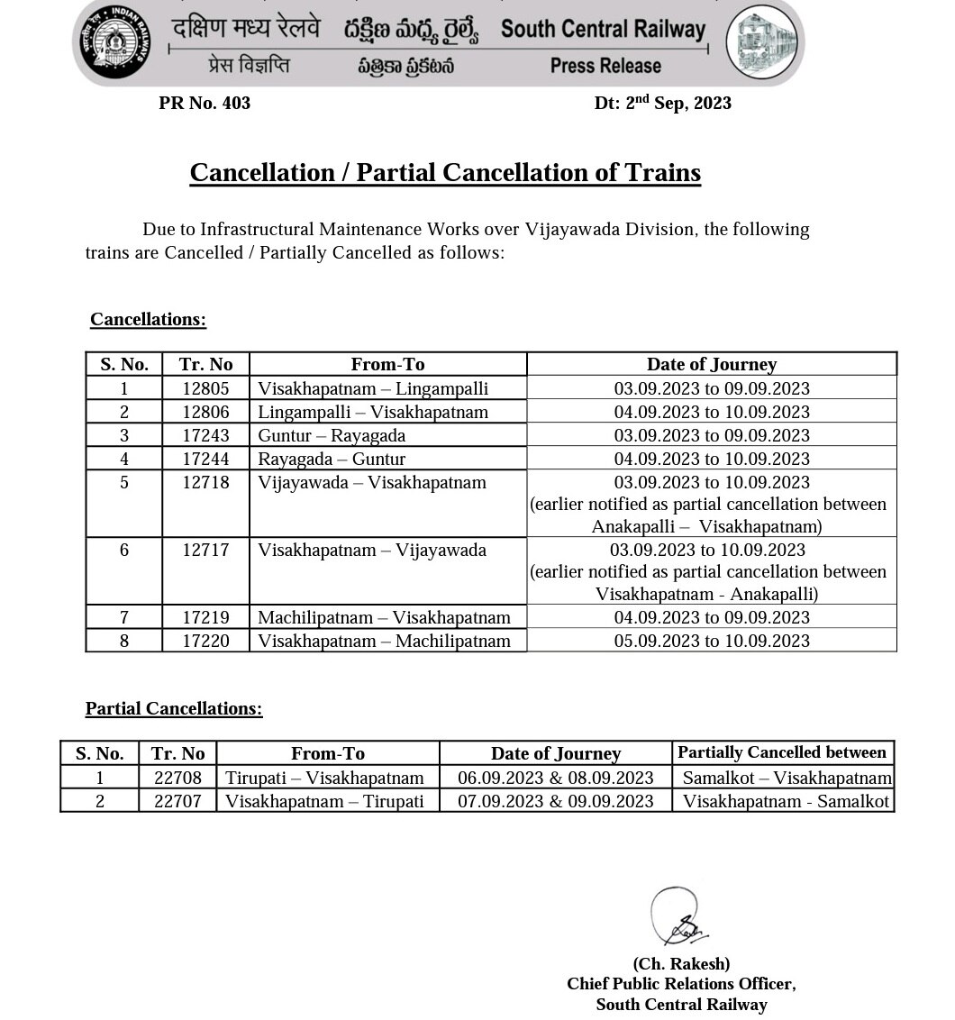 AP Trains Cancelled: ఈ 3 నుంచి 10 వరకు జన్మభూమి ఎక్స్‌ప్రెస్‌ సహా పలు రైళ్లు రద్దు