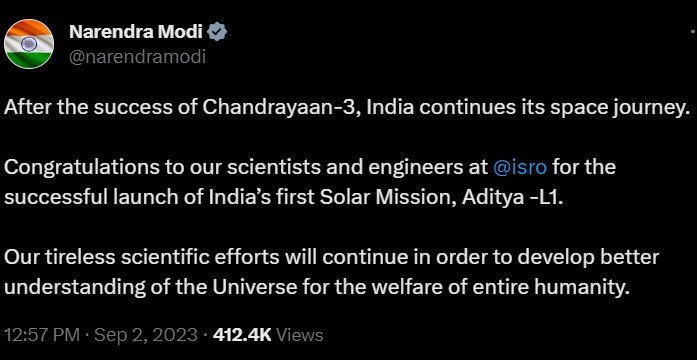 PM Modi: ஆதித்யா எல்.1 வெற்றி -  இஸ்ரோ விஞ்ஞானிகளுக்கு பிரதமர் மோடி பாராட்டு