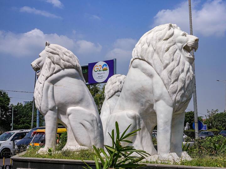 Stone-carved lion statue installed near the Indira Gandhi International (IGI) Airport in Delhi ahead of the G20 Summit. The G20, or Group of 20, is an intergovernmental forum of the world’s major developed and developing economies. (Source: PTI)