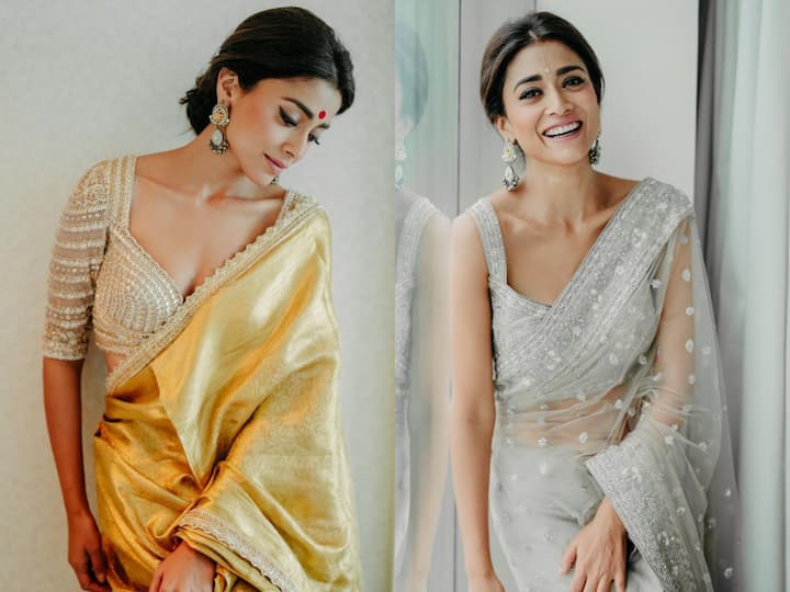 Shriya Saran's graceful style demands attention. The actress released photos of herself looking absolutely lovely in a golden and silver saree.