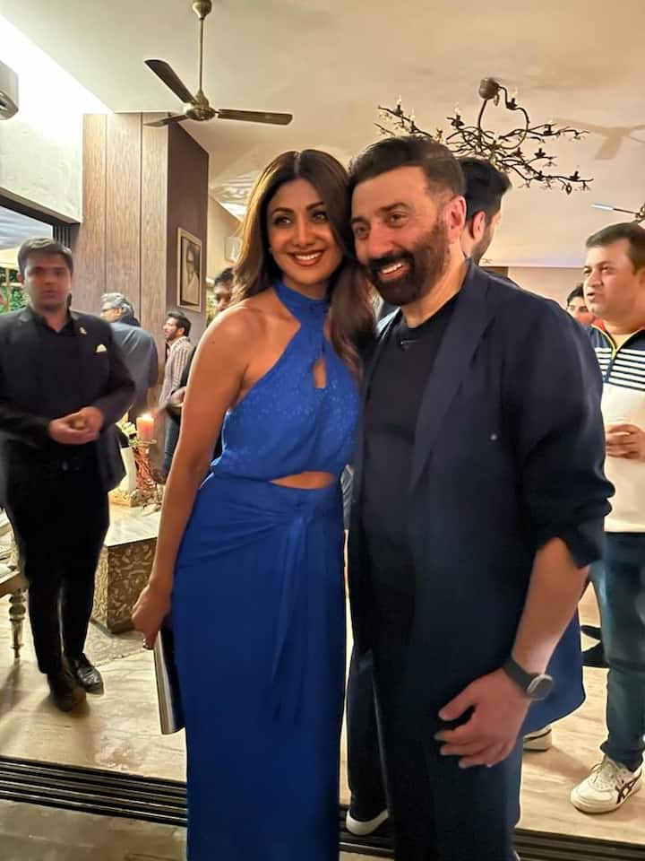 Sunny Deol's 'Apne' co-star Shilpa Shetty looked gorgeous in a blue dress. The Bollywood industry came under one roof to celerate Sunny Deol's success with 'Gadar 2.' (All Image: PR Handout)