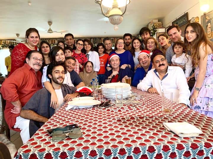 The last image depicts a touching scene from the Kapoor family's 2019 Christmas celebrations. On this happy occasion, the entire Kapoor family, including Neetu, Ranbir, Alia, Saif Ali Khan, Kareena Kapoor Khan, and others, encircled Rishi ji. (All Image: Instagram.)
