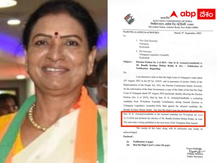 Central Election Commission ordered to declare DK Aruna as Gadwala MLA as per the High Court verdict. DK Aruna MLA :  గద్వాల ఎమ్మెల్యేగా డీకే అరుణ - గెజిట్ ప్రకటించాలని కేంద్ర ఎన్నికల సంఘం ఆదేశం !