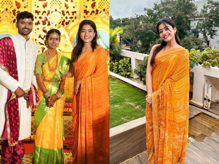Rashmika Mandanna attended assistant wedding in orange cotton saree newly wed couple took blessings touch her feet साड़ी पहने अपने असिस्टेंट की शादी में पहुंचीं Rashmika Mandanna, न्यूली वेड कपल ने छुए एक्ट्रेस के पैर, Viral हुआ वीडियो