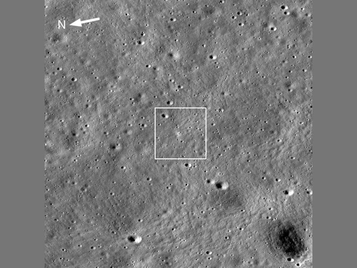 Chandrayaan-3's landing site is located about 600 kilometres from the south pole. In the image shared by NASA, one can see Chandraayan-3's Vikram lander in the centre of the image. The dark shadow of Vikram is visible against a bright halo surrounding the lander. (Photo: NASA Goddard Space Flight Center)