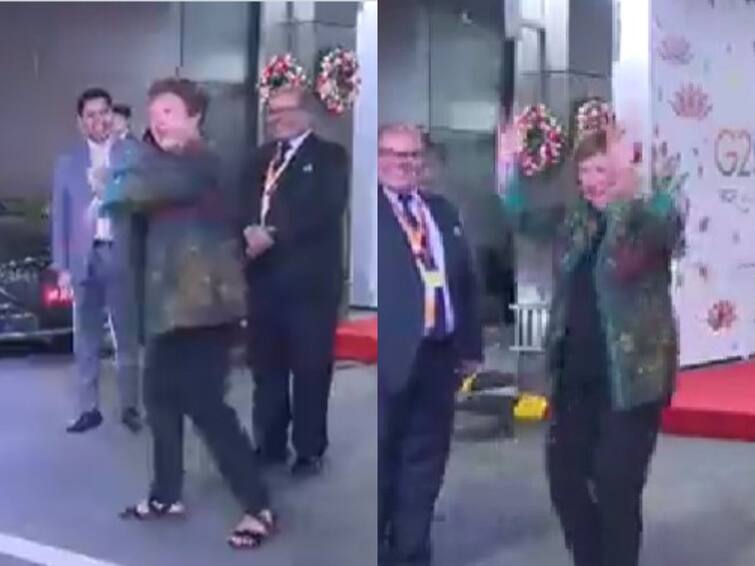 IMF Chief Joins In As Folk Dancers Welcome Her At Delhi Airport IMF Chief Dance: జానపద పాటకు స్టెప్పులేసిన IMF చీఫ్, ఢిల్లీ ఎయిర్‌పోర్టులో ఆసక్తికర దృశ్యం