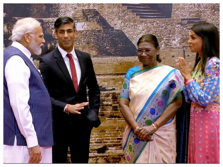 President Droupadi Murmu and Prime Minister Narendra Modi welcome United Kingdom's Prime Minister Rishi Sunak and his wife Akshata Murty upon their arrival at the Bharat Mandapam. (Image: PTI)