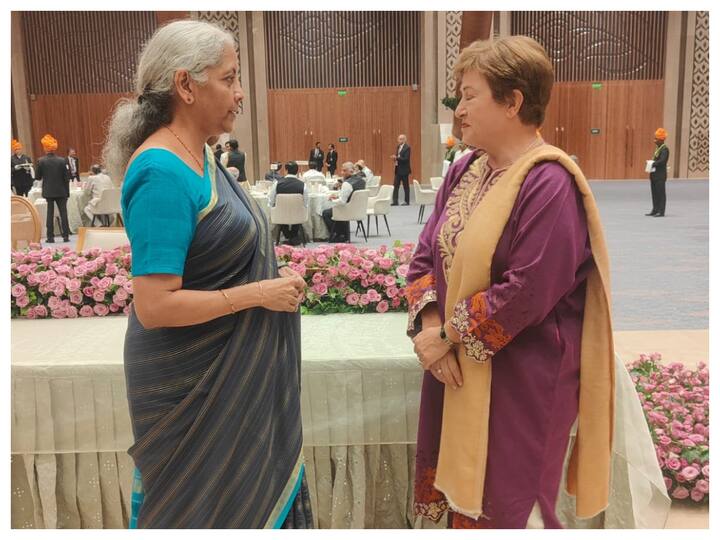 Union Finance Minister Nirmala Sitharaman interacts with Kristalina Georgieva, Managing Director of the IMF News, at the G20 dinner. (Image: ANI)
