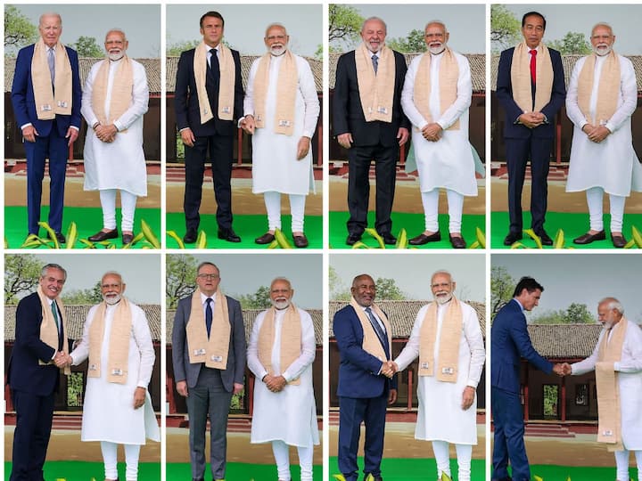 Prime Minister Narendra Modi greeted each leader individually at the memorial, wearing a Khadi angavastram or a stole and standing in front of an image of Bapu Kuti.