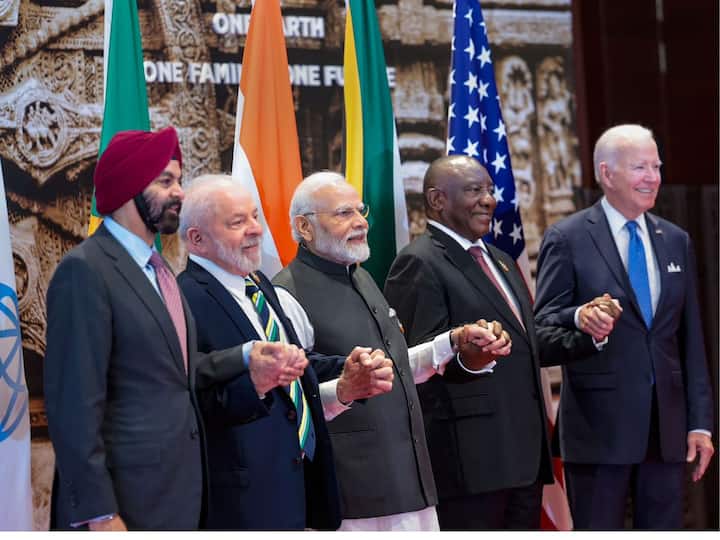Prime Minister Narendra Modi, along with World Bank President Ajay Banga, Brazilian President Luiz Inacio Lula da Silva, South African President Cyril Ramaphosa, and US President Joe Biden, gathered for a group photograph during the G20 Summit.