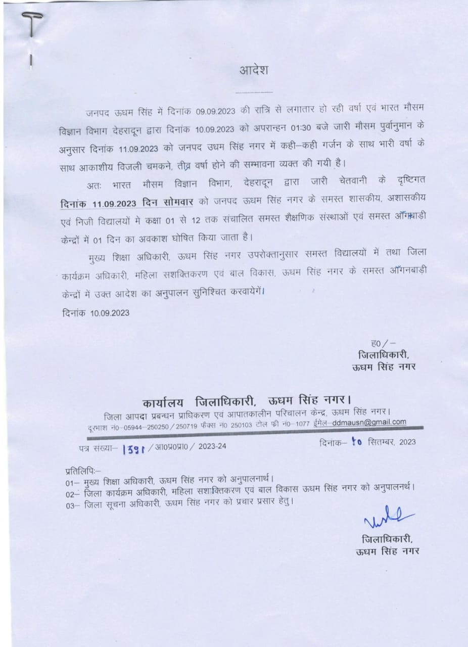 Uttarakhand News: उधमसिंह नगर में बारिश को देखते हुए 11 सितंबर को स्कूलों की रहेगी छुट्टी, डीएम ने जारी किया आदेश