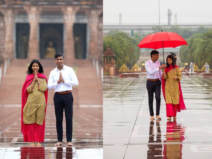 UK Prime Minister Rishi Sunak and his wife Akshata Murthy visited the Akshardham temple in New Delhi before joining other world leaders in paying their respects to Mahatma Gandhi at Rajghat. During their visit, they offered prayers and learned about the sprawling 100-acre Akshardham temple complex.