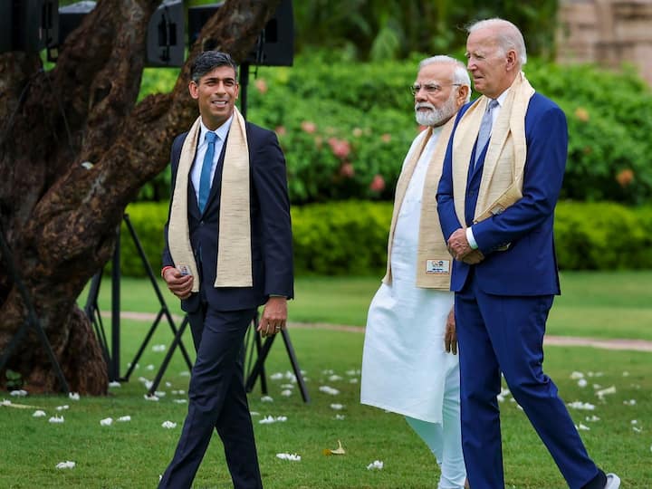 During their visit to Rajghat on the final day of the G20 Summit, Prime Minister Narendra Modi shared a moment with US President Joe Biden and United Kingdom Prime Minister Rishi Sunak.