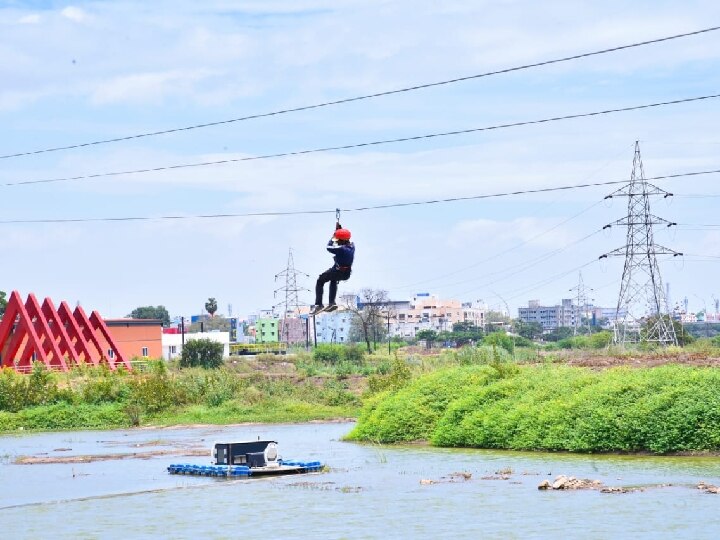 ‘கோவைக்கு வந்தாச்சு ஜிப் லைன் மற்றும் ஜிப் சைக்கிள்’ - உக்கடம் பெரியகுளத்தில் சோதனை ஓட்டம்