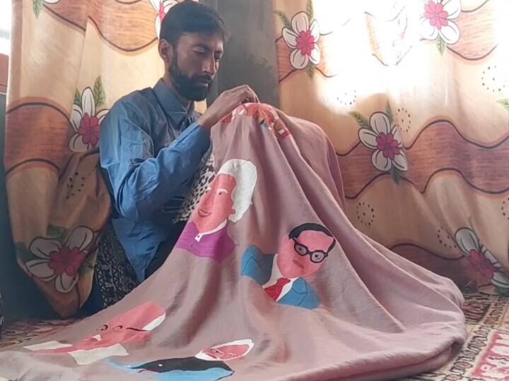 Sozni artist draws faces of mahatma Gandhi BR Ambedkar and Pm Modi on pashmina shawl ANN 'सोजनी' कला को नया आयाम दे रहे शौकत, पश्मीना शॉल पर सुई-धागे से उकेरी गांधी, आंबडेकर और पीएम मोदी की तस्वीर