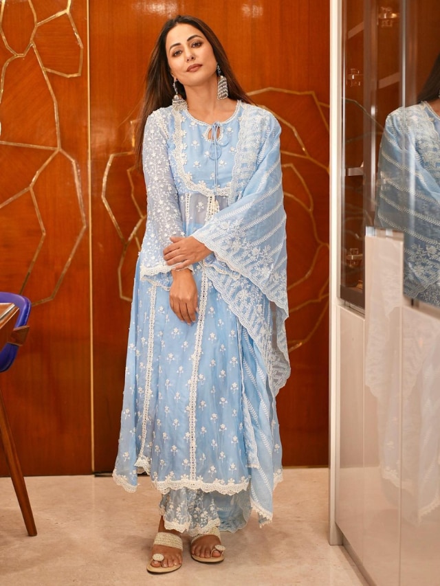 Hina Khan Looks Elegant In A Blue Chikankari Ethnic Suit 