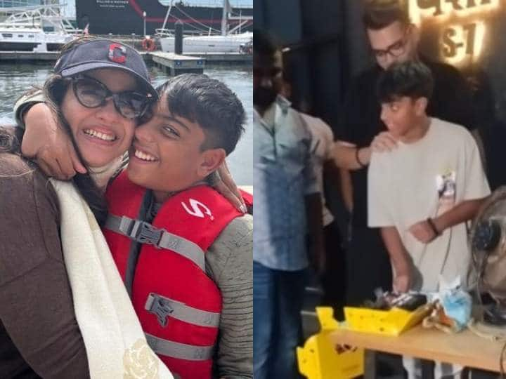 Kajol Ajay Devgn son Yug Devgan 13th Birthday celebrated with Papparazzi cut cake viral video Yug Devgan Birthday: 13 साल के हुए अजय-काजोल के लाडले Yug, पैपराजी संग केक काटकर मनाया अपना बर्थडे