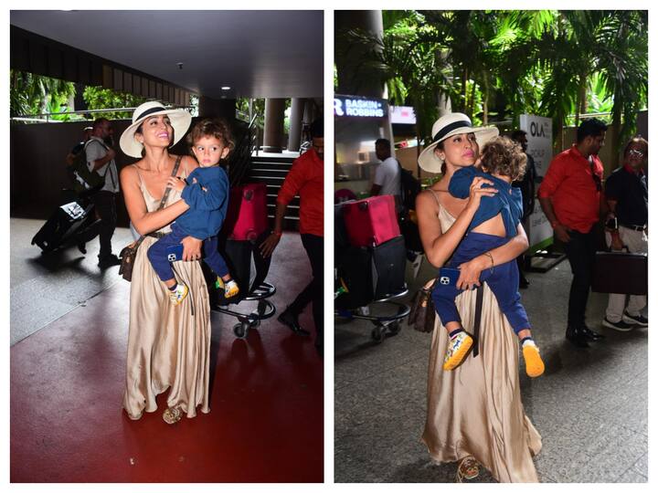 Actor Shriya Saran was spotted at the Mumbai airport on Wednesday with her daughter Radha.