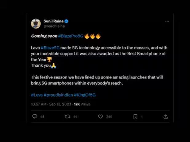 ਲਾਵਾ ਜਲਦ ਹੀ ਭਾਰਤ 'ਚ ਸਸਤਾ 5ਜੀ ਫੋਨ ਲਾਂਚ ਕਰ ਸਕਦਾ ਹੈ। ਇਹ ਜਾਣਕਾਰੀ ਲਾਵਾ ਬਿਜ਼ਨੈੱਸ ਹੈੱਡ ਸੁਨੀਲ ਰੈਨਾ ਨੇ ਦਿੱਤੀ ਹੈ। ਉਸਨੇ ਟਵਿੱਟਰ 'ਤੇ ਇੱਕ ਪੋਸਟ ਸ਼ੇਅਰ ਕੀਤੀ ਅਤੇ ਲਿਖਿਆ ਕਿ ਲਾਵਾ ਬਲੇਜ਼ 5ਜੀ ਦੇ ਕਾਰਨ, 5ਜੀ ਫੋਨ ਹਰ ਕਿਸੇ ਲਈ ਪਹੁੰਚਯੋਗ ਹੋ ਗਏ ਹਨ। ਹੁਣ ਜਲਦੀ ਹੀ ਕੰਪਨੀ ਨਵਾਂ ਸਮਾਰਟਫੋਨ ਲਾਂਚ ਕਰੇਗੀ। ਇਸ ਦਾ ਨਾਮ Lava Blaze Pro 5G ਹੋ ਸਕਦਾ ਹੈ।