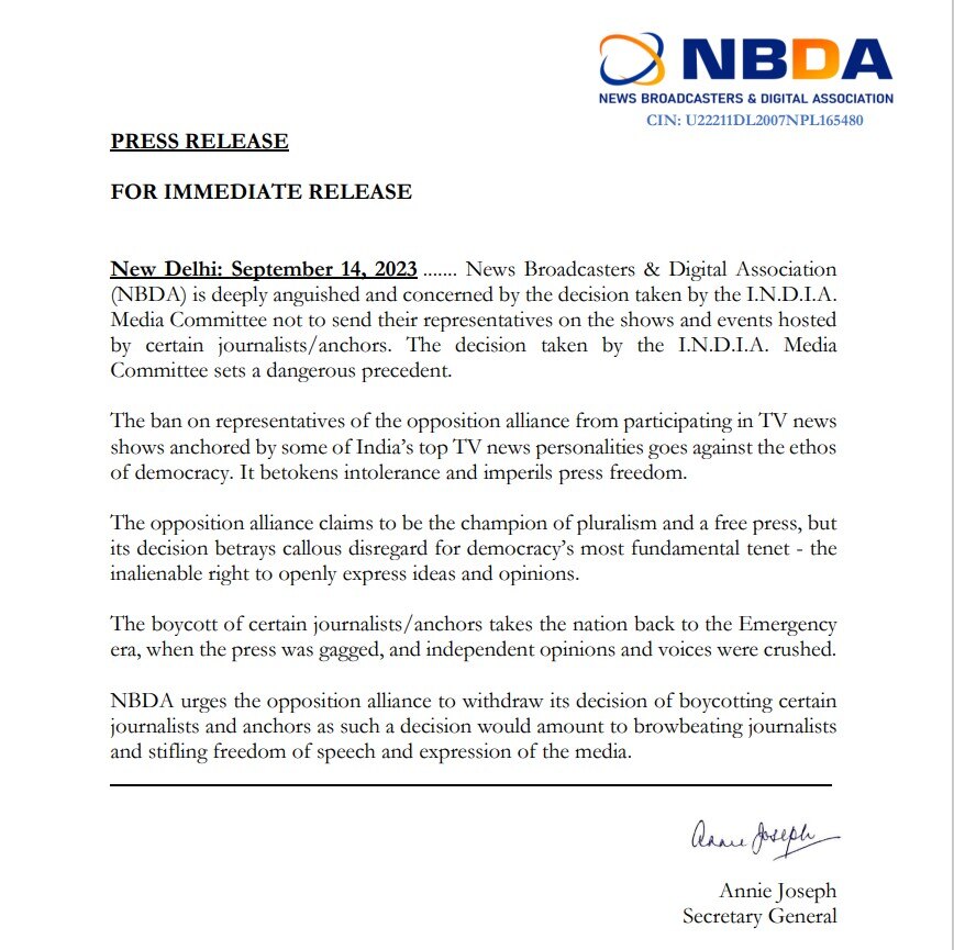 NBDA: ઈન્ડિયા ગઠબંધને 14 ટીવી પત્રકારોનો બહિષ્કાર કરતા NBDAએ આપી તીખી પ્રતિક્રિયા