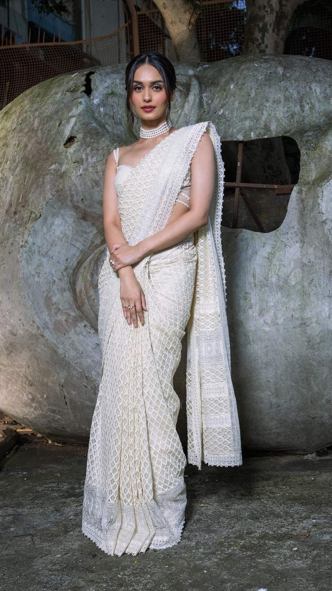 Manushi Chhillar Wears A Delicate Pearl White Saree
