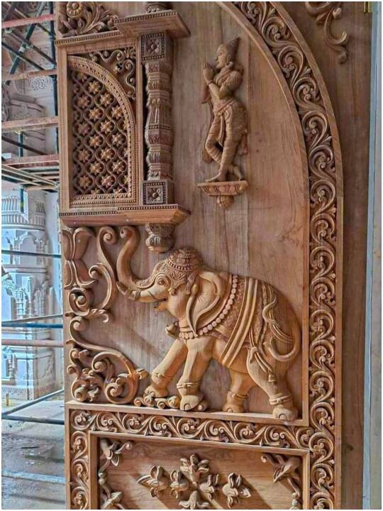 एक तस्वीर में हाथी की नक्काशी को देखा जा सकता है. वहीं दूसरी तस्वीर में राम मंदिर के भव्य स्तंभ के साथ छत पर की गई आकर्षक नक्काशी दिख रही है.