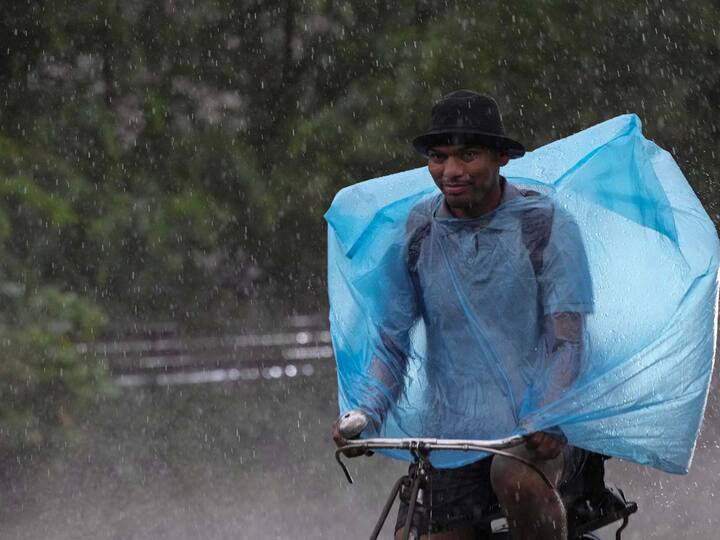 A man rides a bicycle amid rain in New Delhi on Friday. (Photo: PTI)