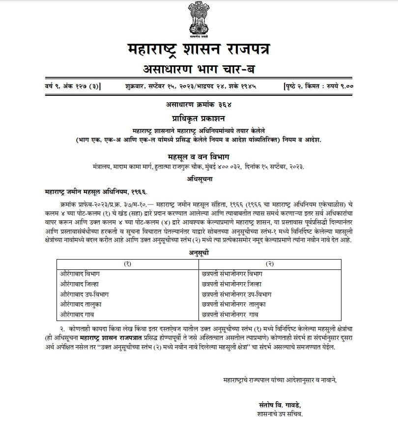 Aurangabad Osmanabad Name Change : संपूर्ण औरंगाबाद जिल्ह्याचं नाव आता छत्रपती संभाजीनगर तर उस्मानाबाद जिल्ह्याचं नाव धाराशिव, राजपत्र जारी