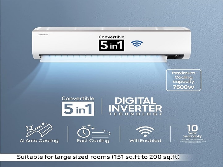 Samsung 2 Ton 3 Star Wi-fi Enabled Inverter Split AC में वाई-फाई की सुविधा मिलती है, जिससे आप इस एसी को वॉइस कमांड से भी कंट्रोल कर सकते हैं. साथ ही इस एसी में फास्ट कूलिंग का ऑप्शन दिया गया है. अगर आप इसे खरीदना चाहते हैं, तो केवल 50,999 रुपये में खरीद सकते हैं.