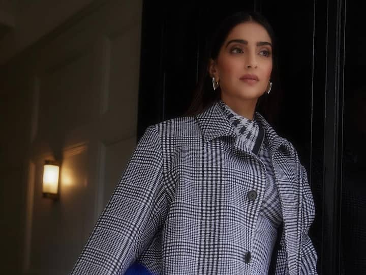 Sonam Kapoor wore a checkered ensemble to the Burberry London Fashion Week Spring 2024 show.
