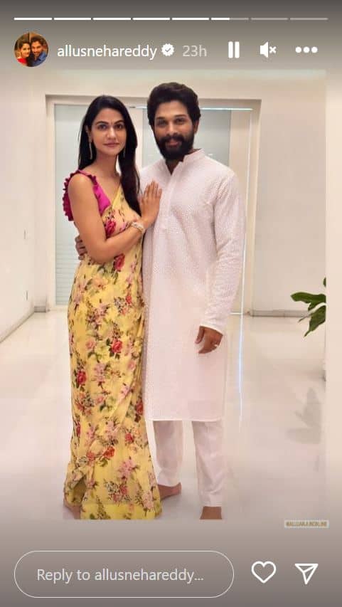 Allu Arjun posted pictures from her Ganesh Chaturthi celebrations on Instagram. In one of the pics, he is seen posing along with his wife Sneha Reddy in a traditional avatar. (Image: Instagram/@alluarjunonline)