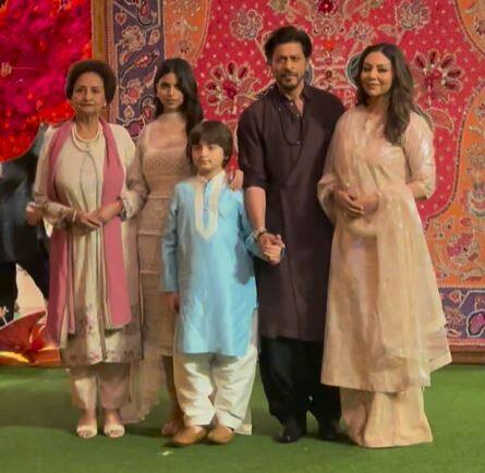 'Jawan' superstar Shah Rukh Khan arrived for the grand celebrations with his family including wife Gauri Khan, daughter Suhana and younger kid AbRam.