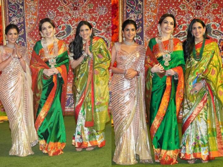 गणेश चतुर्थी के सेलिब्रेशन के दौरान मुकेश अंबानी की वाइफ नीता अंबानी, उनकी बड़ी बहू श्लोका मेहता और होने वाली बहू राधिका मर्चेंट एक से बढ़कर एक खूबसूरत साड़ी पहने नजर आईं.