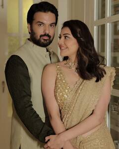 Kajal Aggarwal Photos : கணவருடன் தங்கம் போல் ஜொலிக்கும் காஜல் அகர்வால்!