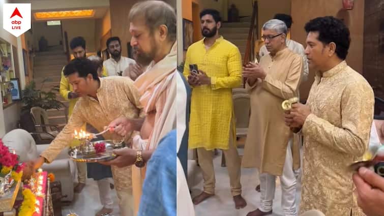 Ganesh Chaturthi 2023: Sachin Tendulkar performs aarti at his residence in Mumbai, wishes fans on Ganesh Chaturthi Sachin Tendulkar: গণেশ আরাধনায় সচিন, নিজেই করলেন আরতি, ভক্তদের জানালেন শুভেচ্ছাবার্তা