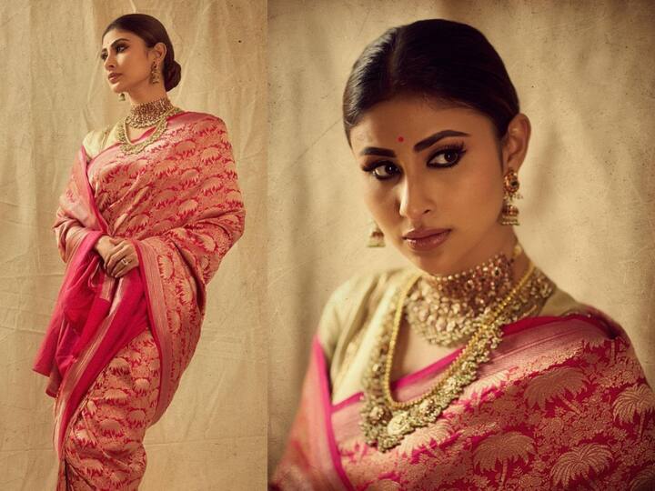 Mouni Roy shows her appreciation for traditional attire by donning a pink saree for Ganesh Chaturthi.