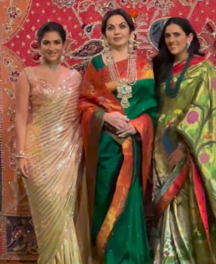 Host Neeta Ambani looked magnificent in an emerald green saree as she struck a pose with her daughters-in-law Shloka Mehta and Radhika Merchant.