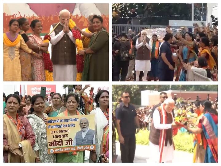 PM Modi received a warm welcome at the BJP headquarters in the national capital after the clearance of the Women's Reservation Bill in Parliament.