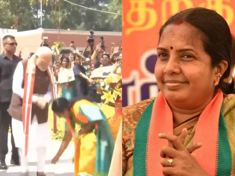 national womens wing president vanathi srinivasan touching feet on pm modi viral Video Vanathi Srinivasan: காலில் விழுந்த வானதி சீனிவாசன்.. கடுப்பான பிரதமர் மோடி.. என்ன சொன்னார் தெரியுமா?