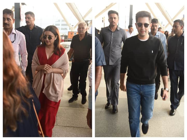 Parineeti Chopra and Raghav Chadha, who are all set to tie the knot in Udaipur over the weekend, were spotted at the Delhi airport on Friday.