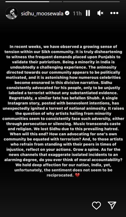 AP Dhillon Posts Long Note After Shubh's India Tour Cancelled; Support Statement Shared From Sidhu Moose Wala's Instagram