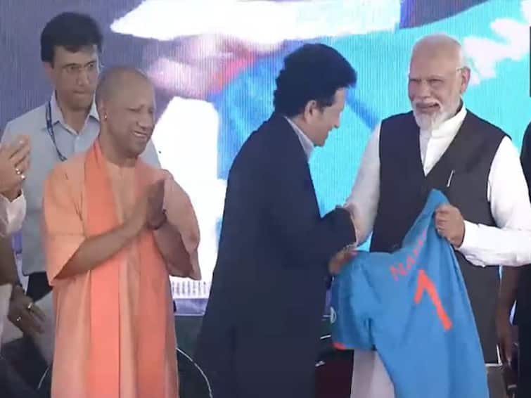 Sachin Tendulkar Presents NAMO Indian Jersey PM Narendra Modi Varanasi Cricket Stadium Foundation Stone Laying Ceremony Viral Video