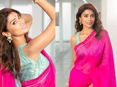 Shriya saran Photos : பிங்க் நிற சேலையில் தென்னிந்திய பார்பி போல் காட்சியளிக்கும் ஸ்ரேயா சரண்!