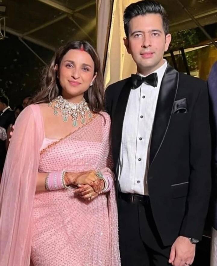 Parineeti and Raghav's wedding festivities, that took place in Udaipur, were nothing short of a grand affair. For the reception party, Parineeti dolled up in a baby pink saree matching with her choodas while Raghav looked dapper in a black tuxedo.