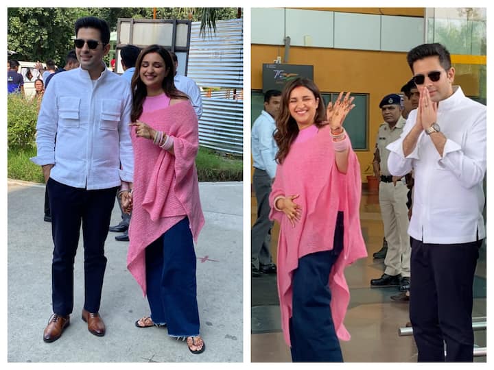 After their grand wedding celebrations at the city of Lakes Udaipur, Raghav Chadha, and Parineeti Chopra were spotted at Udaipur airport.