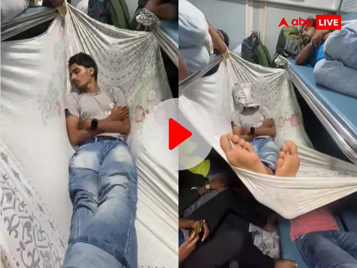 viral video passenger sleep on hanging bedsheet inside crowded train Viral Video: ਲੋਕਾਂ ਨਾਲ ਖਚਾਖਚ ਭਰੀ ਟਰੇਨ, ਇੱਕ ਵਿਅਕਤੀ ਨੇ ਸੌਣ ਲਈ ਕੀਤੀ ਕਮਾਲ ਦਾ ਜੁਗਾੜ, 95 ਲੱਖ ਲੋਕਾਂ ਨੇ ਦੇਖਿਆ ਇਹ ਵੀਡੀਓ